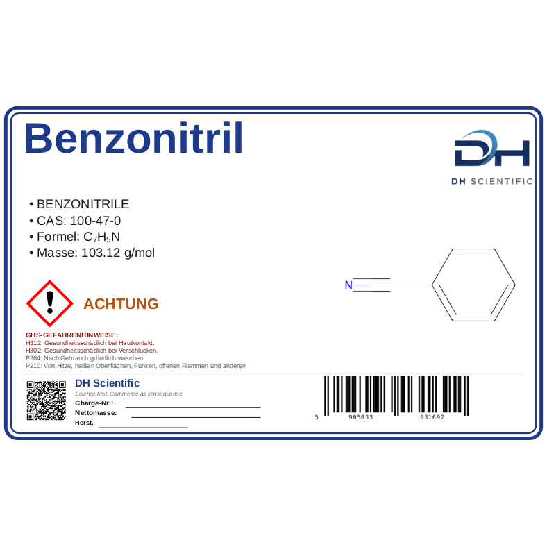 Benzonitril — Etikett CAS 100-47-0