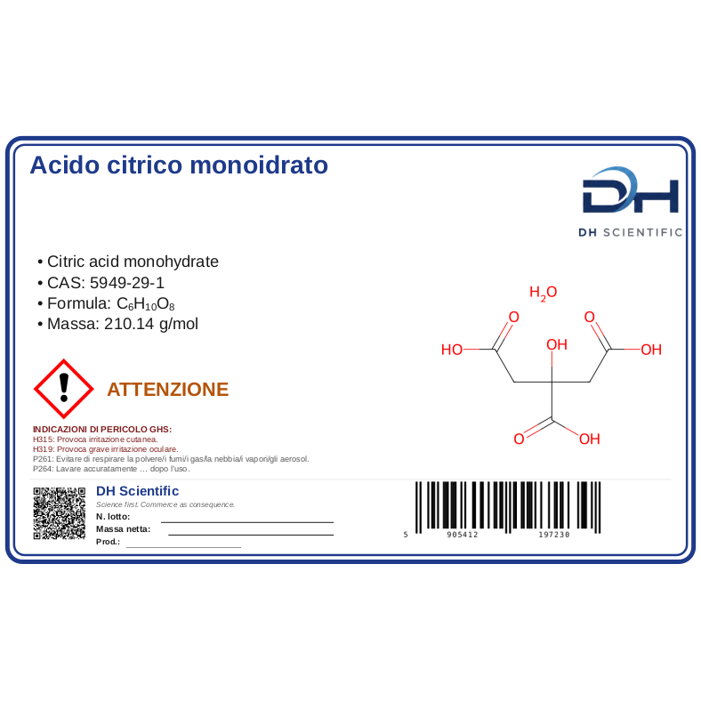 acido citrico monoidrato — etichetta CAS 5949-29-1