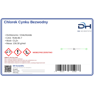 Chlorek cynku bezwodny 10 g, CAS 7646-85-7 — etykieta produktu chemicznego