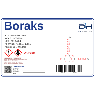 Boraks — uniwersalny środek laboratoryjny wysokiej czystości (czteroboran sodu), CAS 1303-96-4 — etykieta produktu chemicznego