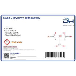 kwas cytrynowy jednowodny spożywczy proszek 1kg, CAS 77-92-9 — etykieta produktu chemicznego