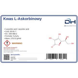 Kwas L-askorbinowy 1000 g – czystości analitycznej preparat techniczny do zastosowań technicznych, CAS 50-81-7 — etykieta produktu chemicznego